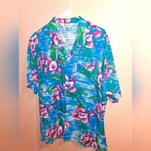 VTG Tropically Yours Hawaiian Floral Blue Pink Colorful Shirt XL